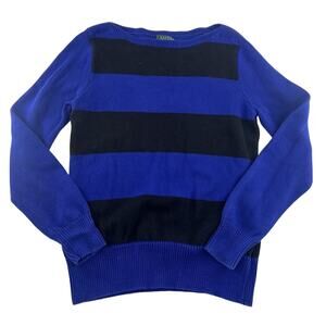 Ralph Lauren Sweater Womens Large Black Blue Striped Pullover Cotton Work Casual